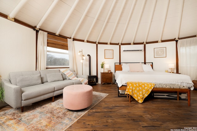 bedroom with a wood stove, high vaulted ceiling, beamed ceiling, and dark wood-type flooring