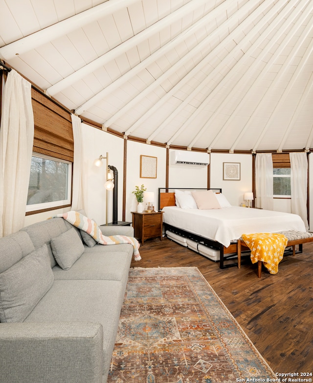 bedroom with vaulted ceiling with beams, a wall mounted air conditioner, wood ceiling, and dark hardwood / wood-style flooring