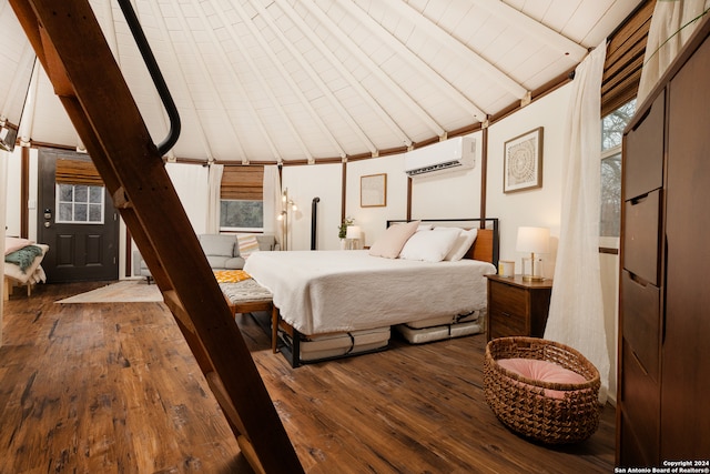 bedroom with wood-type flooring, wood ceiling, lofted ceiling with beams, and an AC wall unit