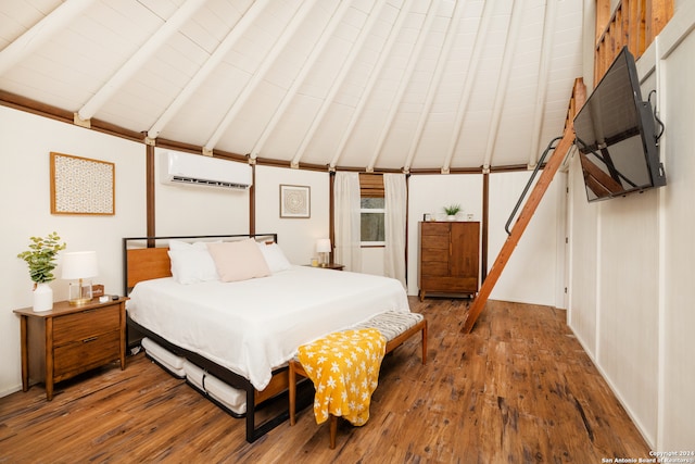 bedroom with lofted ceiling with beams, a wall mounted AC, and wood-type flooring