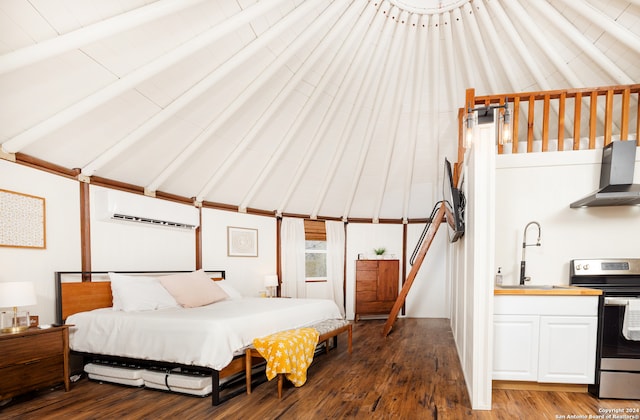 bedroom featuring vaulted ceiling with beams, wood ceiling, sink, wood-type flooring, and a wall unit AC