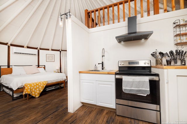 kitchen featuring sink, ventilation hood, dark hardwood / wood-style floors, stainless steel electric range oven, and a wall unit AC