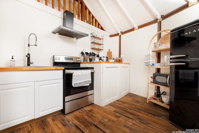 kitchen featuring lofted ceiling with beams, dark hardwood / wood-style floors, range hood, stainless steel range with electric stovetop, and white cabinetry