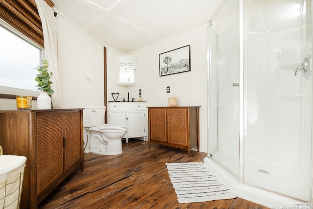 bathroom featuring vanity, lofted ceiling, wood-type flooring, toilet, and a shower with door