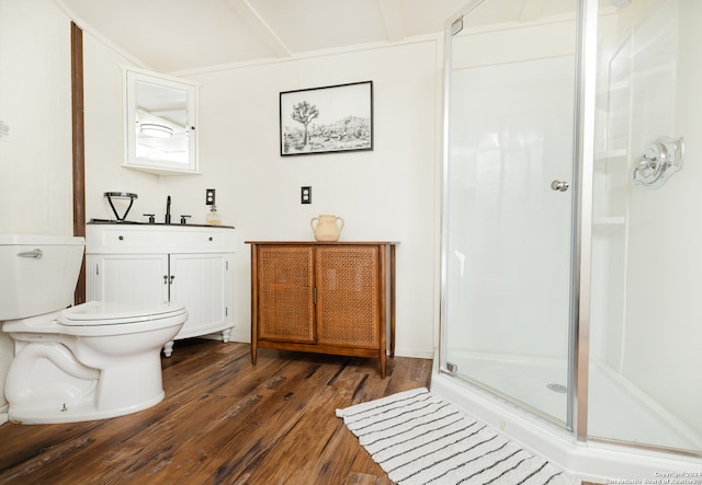 bathroom featuring vanity, hardwood / wood-style floors, toilet, and a shower with door