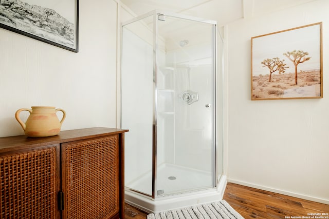 bathroom featuring hardwood / wood-style flooring and a shower with shower door