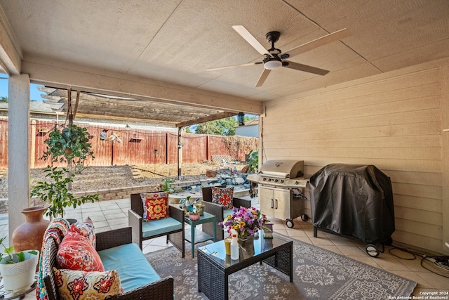 view of patio / terrace featuring an outdoor hangout area, grilling area, and ceiling fan