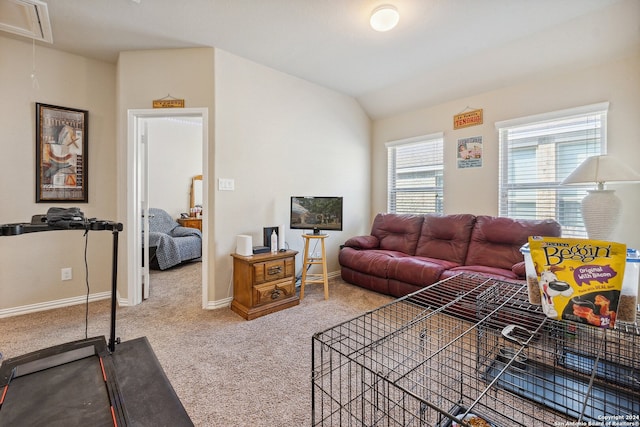 5018 Italica Rd, San Antonio, TX 78253 - living room with carpet floors, baseboards, lofted ceiling, and attic access