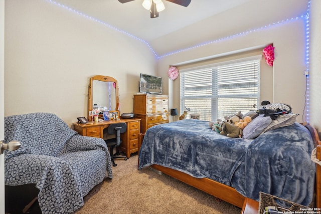 5018 Italica Rd, San Antonio, TX 78253 - bedroom featuring ceiling fan, vaulted ceiling, and light colored carpet