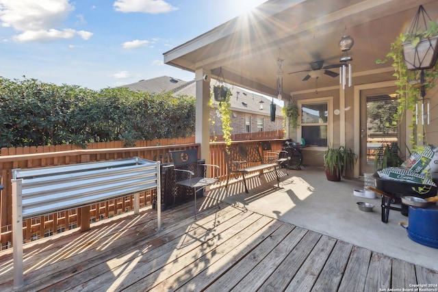 5018 Italica Rd, San Antonio, TX 78253 - wooden terrace featuring ceiling fan, a patio area, and fence