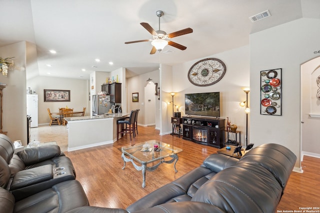 5018 Italica Rd, San Antonio, TX 78253 - living room featuring visible vents, baseboards, ceiling fan, recessed lighting, and light wood finished floors