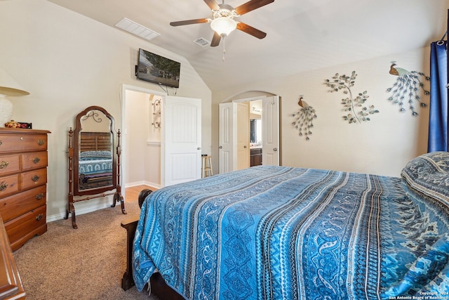 5018 Italica Rd, San Antonio, TX 78253 - carpeted bedroom featuring baseboards, ceiling fan, lofted ceiling, and visible vents