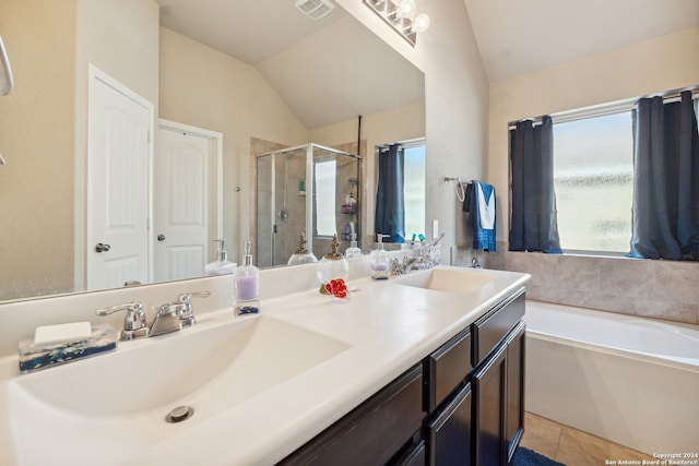 5018 Italica Rd, San Antonio, TX 78253 - full bathroom with tile patterned flooring, a garden tub, lofted ceiling, a shower stall, and a sink