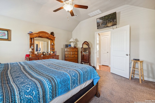5018 Italica Rd, San Antonio, TX 78253 - carpeted bedroom with baseboards, a ceiling fan, vaulted ceiling, and visible vents
