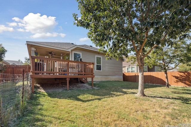 5018 Italica Rd, San Antonio, TX 78253 - rear view of house featuring a fenced backyard, ceiling fan, a wooden deck, and a yard