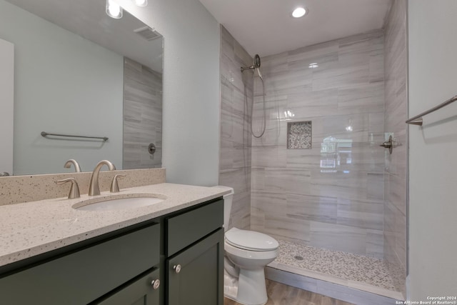 2293 W Mill St, New Braunfels, TX 78130 - bathroom with toilet, tiled shower, vanity, and recessed lighting