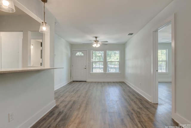 2293 W Mill St, New Braunfels, TX 78130 - unfurnished living room with a ceiling fan, plenty of natural light, and wood finished floors