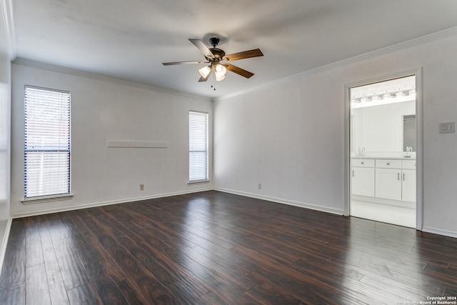 unfurnished room featuring crown molding, ceiling fan, and dark hardwood / wood-style flooring