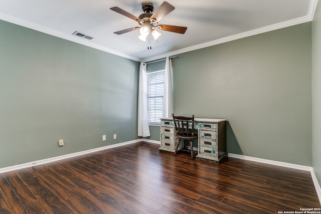 unfurnished office with dark wood-type flooring, ornamental molding, and ceiling fan