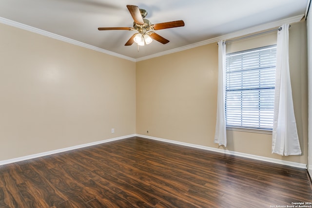 spare room with ceiling fan, dark hardwood / wood-style floors, and crown molding