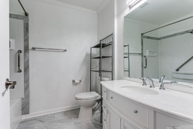 bathroom featuring vanity, crown molding, and toilet