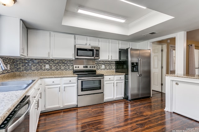 kitchen with appliances with stainless steel finishes, a tray ceiling, and white cabinetry