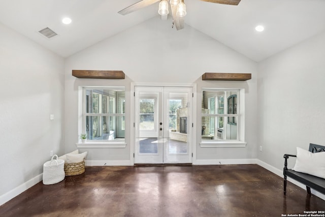 doorway to outside featuring french doors, high vaulted ceiling, and ceiling fan