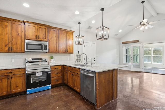 kitchen with decorative light fixtures, light stone counters, sink, appliances with stainless steel finishes, and vaulted ceiling with beams