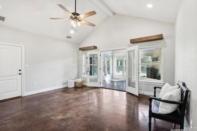 unfurnished room with french doors, beamed ceiling, high vaulted ceiling, and ceiling fan