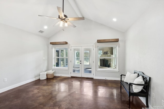 interior space featuring french doors, beamed ceiling, high vaulted ceiling, and ceiling fan