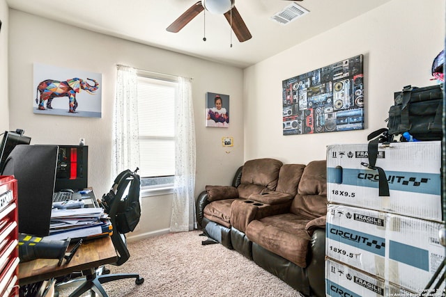 office with ceiling fan and carpet