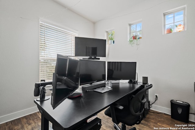 office area featuring dark wood-type flooring