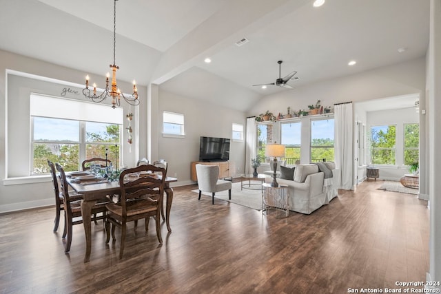 dining space featuring dark wood-type flooring, ceiling fan with notable chandelier, and lofted ceiling with beams