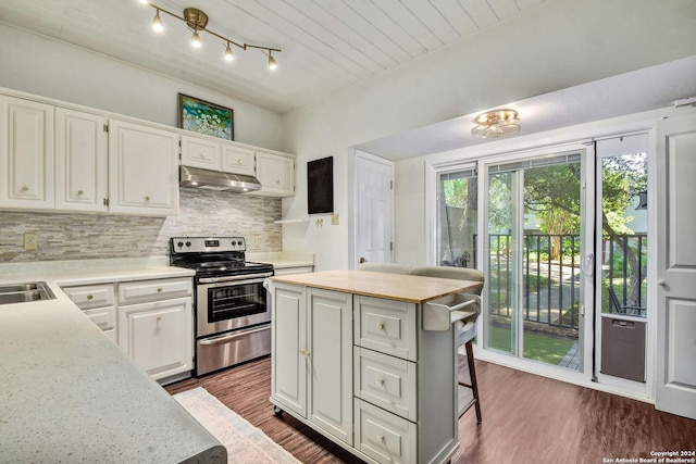 kitchen with white cabinetry, a kitchen island, stainless steel range with electric cooktop, and backsplash