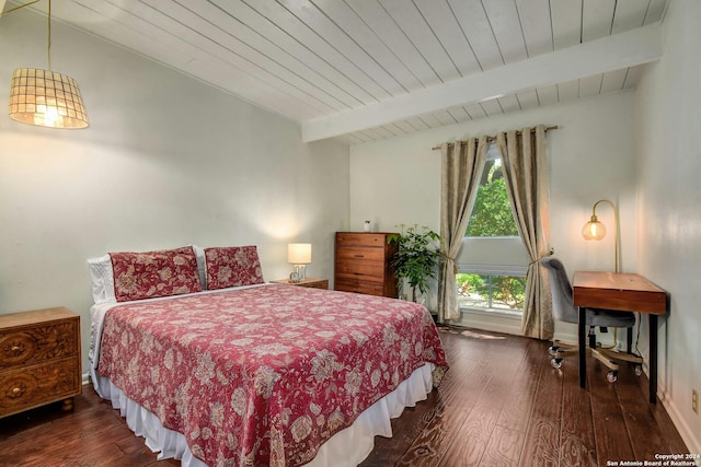 bedroom with dark hardwood / wood-style flooring, wood ceiling, and beamed ceiling