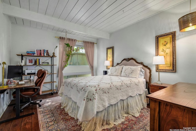 bedroom featuring dark hardwood / wood-style floors, beam ceiling, and wooden ceiling