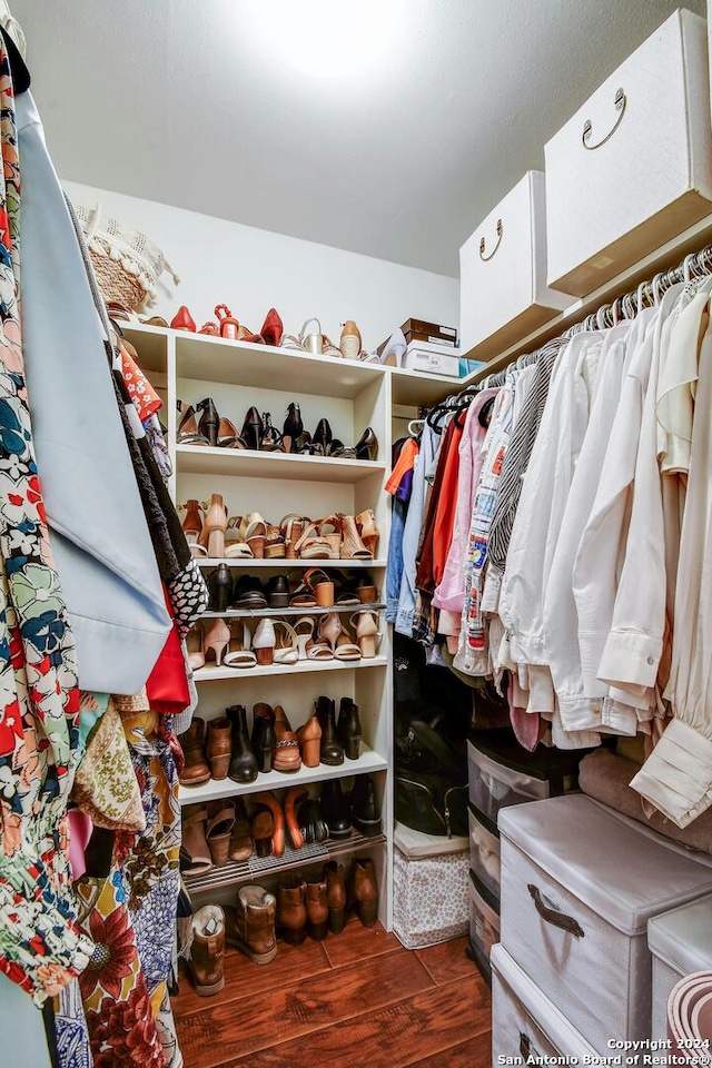 spacious closet featuring dark hardwood / wood-style flooring