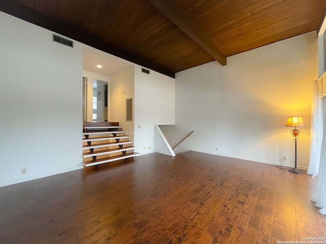 unfurnished living room with beamed ceiling, wooden ceiling, and hardwood / wood-style flooring