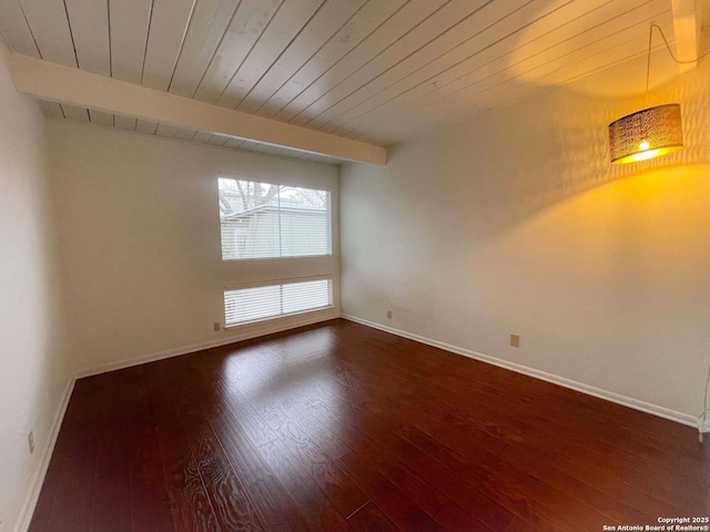 spare room with dark hardwood / wood-style flooring, beam ceiling, and wooden ceiling