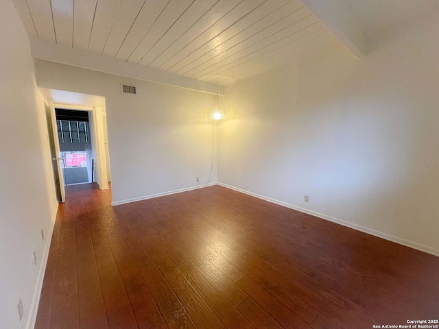 empty room with dark wood-type flooring and wood ceiling