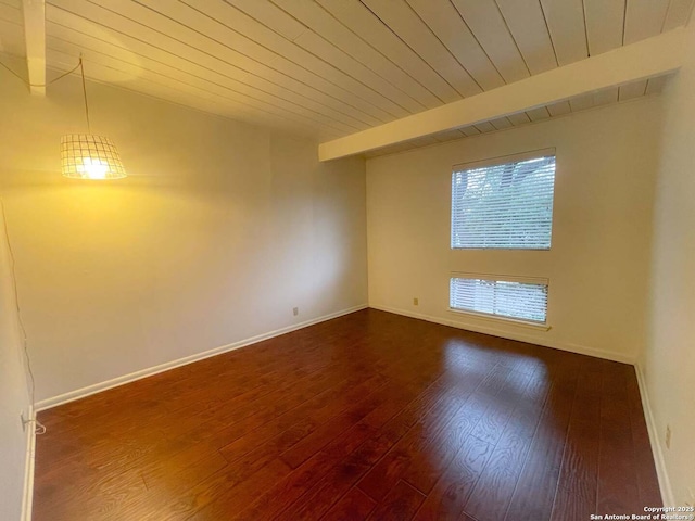 unfurnished room featuring wood ceiling, beam ceiling, and hardwood / wood-style floors