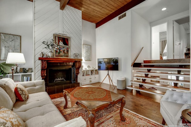 living room featuring high vaulted ceiling, wood-type flooring, wooden ceiling, and beamed ceiling