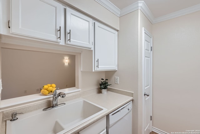 kitchen featuring white cabinets, dishwasher, crown molding, and sink