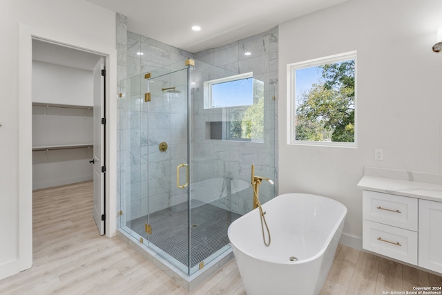 bathroom featuring vanity, hardwood / wood-style flooring, and independent shower and bath