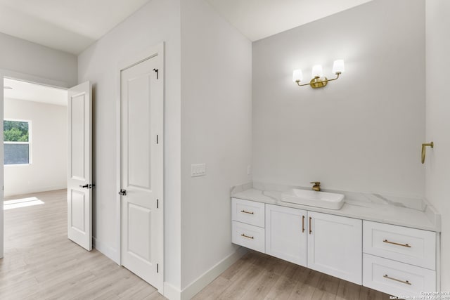 bathroom with hardwood / wood-style floors and vanity