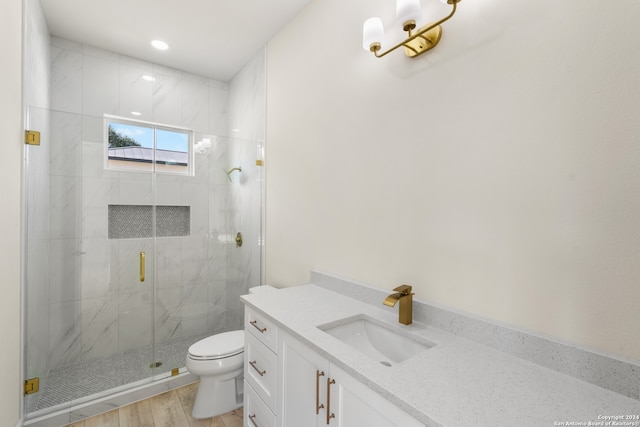 bathroom featuring a shower with shower door, vanity, toilet, and wood-type flooring