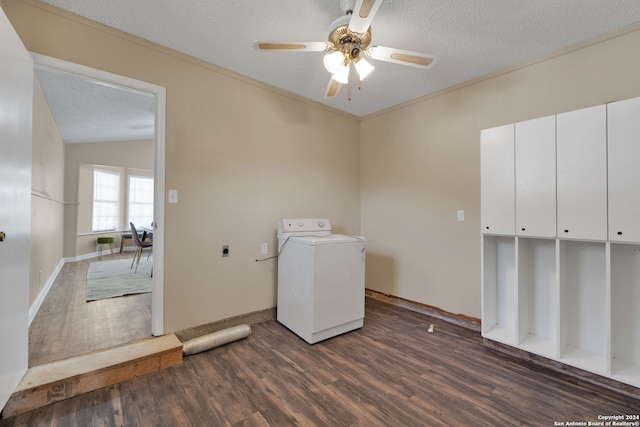 laundry room featuring a textured ceiling, washer / dryer, ceiling fan, and dark hardwood / wood-style flooring