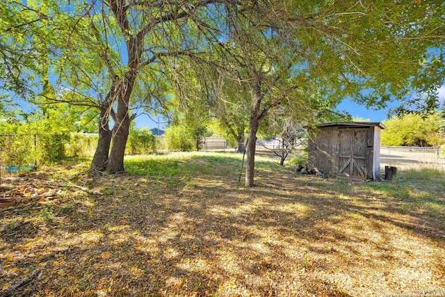 view of yard featuring a storage shed