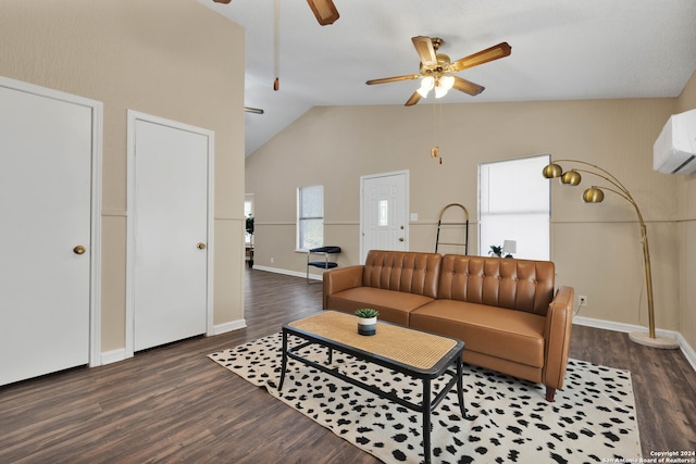 living room with an AC wall unit, ceiling fan, vaulted ceiling, and dark hardwood / wood-style floors