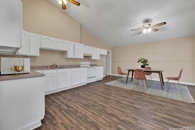 kitchen featuring white electric range oven, ceiling fan, dark hardwood / wood-style floors, and white cabinets